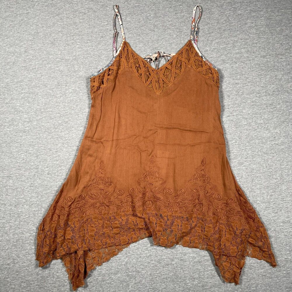 Buckle Top Womens M Orange Asymmetric Crochet V-Neck Strappy Rayon Cotton